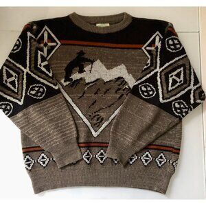1980s Mens Sweater, Size Large, Alpine Hiking Print, Made in Bulgaria